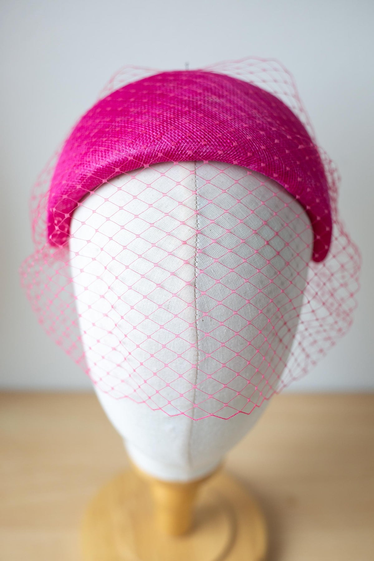 Pink Moon Headband with Birdcage Veil – Pink Wedding Guest Headpiece, Couture Millinery Fascinator, Vintage Inspired Headband