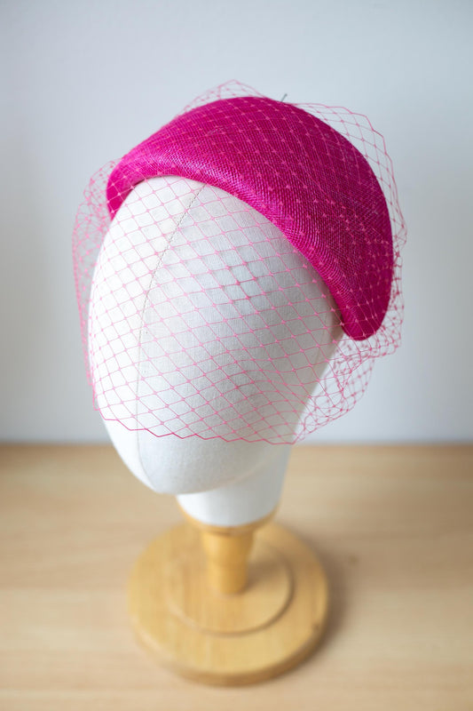 Pink Moon Headband with Birdcage Veil – Pink Wedding Guest Headpiece, Couture Millinery Fascinator, Vintage Inspired Headband