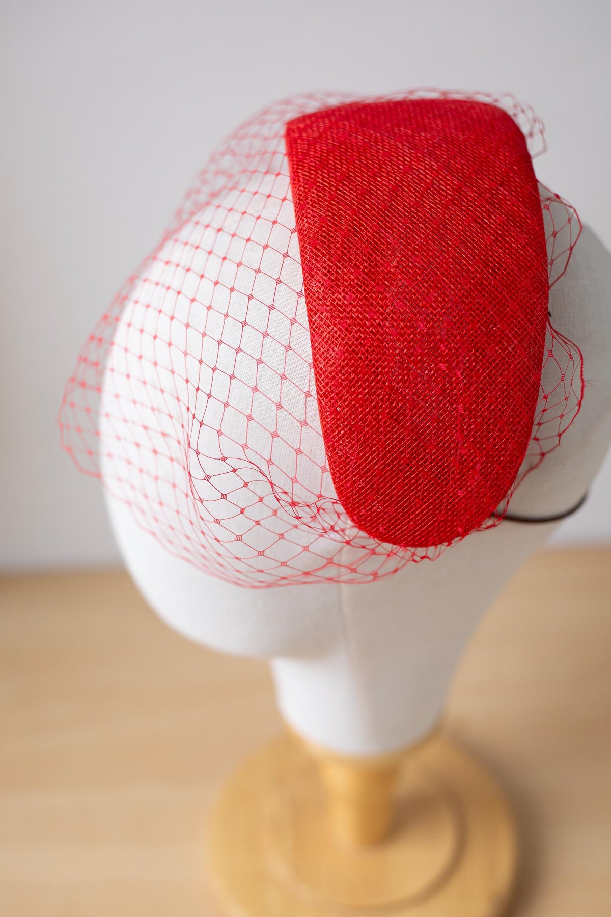 Poppy Red Halo Headband with Birdcage Veil, Couture Millinery Statement Hat for Wedding Guest, Mother of the Bride Red Cocktail Headpiece
