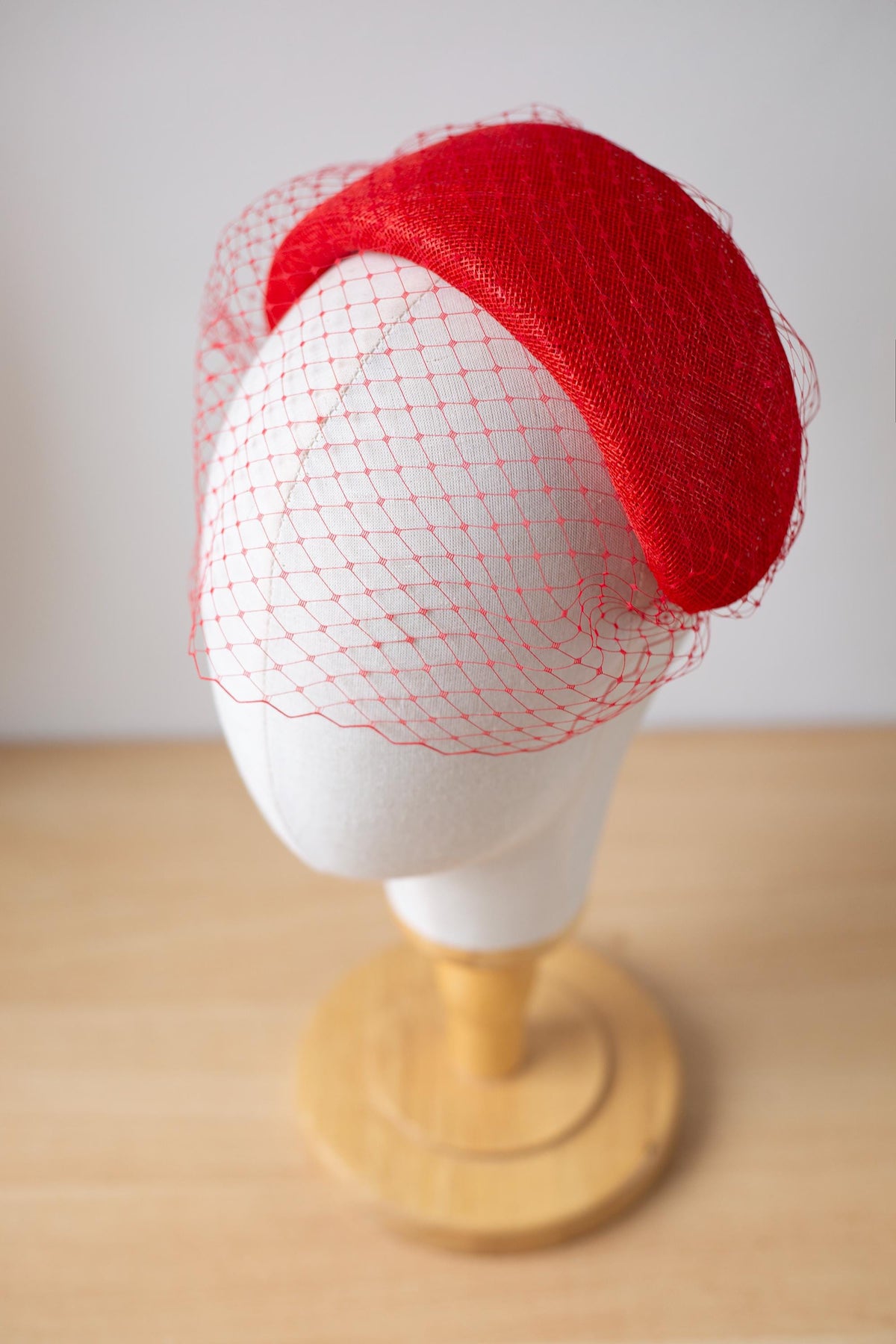 Poppy Red Halo Headband with Birdcage Veil, Couture Millinery Statement Hat for Wedding Guest, Mother of the Bride Red Cocktail Headpiece