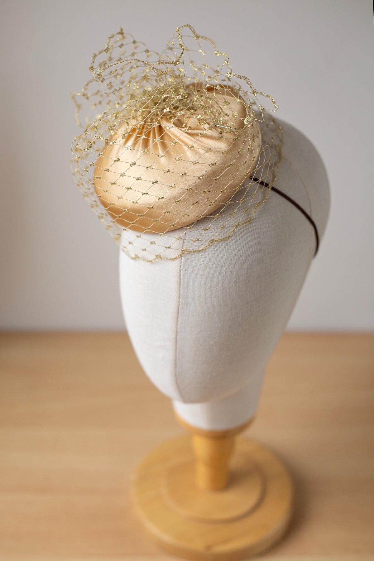 Bridal Silk Satin Pillbox with Gold Birdcage Veil – Quiet Luxury Hat for the Modern Bride