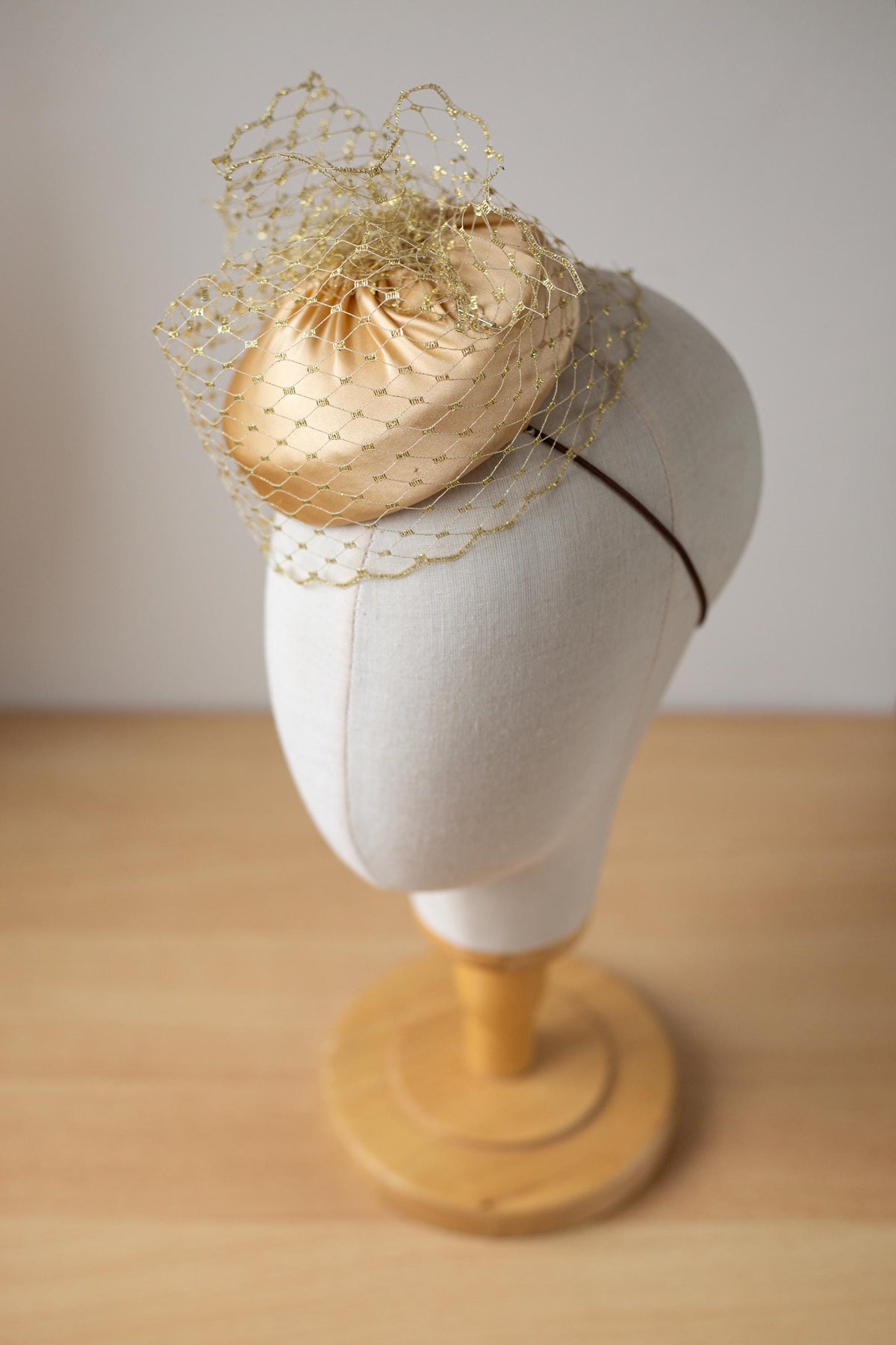 Bridal Silk Satin Pillbox with Gold Birdcage Veil – Quiet Luxury Hat for the Modern Bride