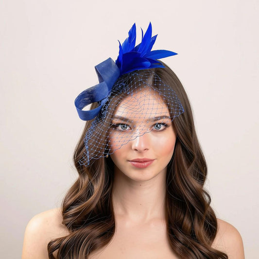 Royal Blue Feather Fascinator, Wedding Guest Headpiece, Elegant Women’s Hat for Formal Events