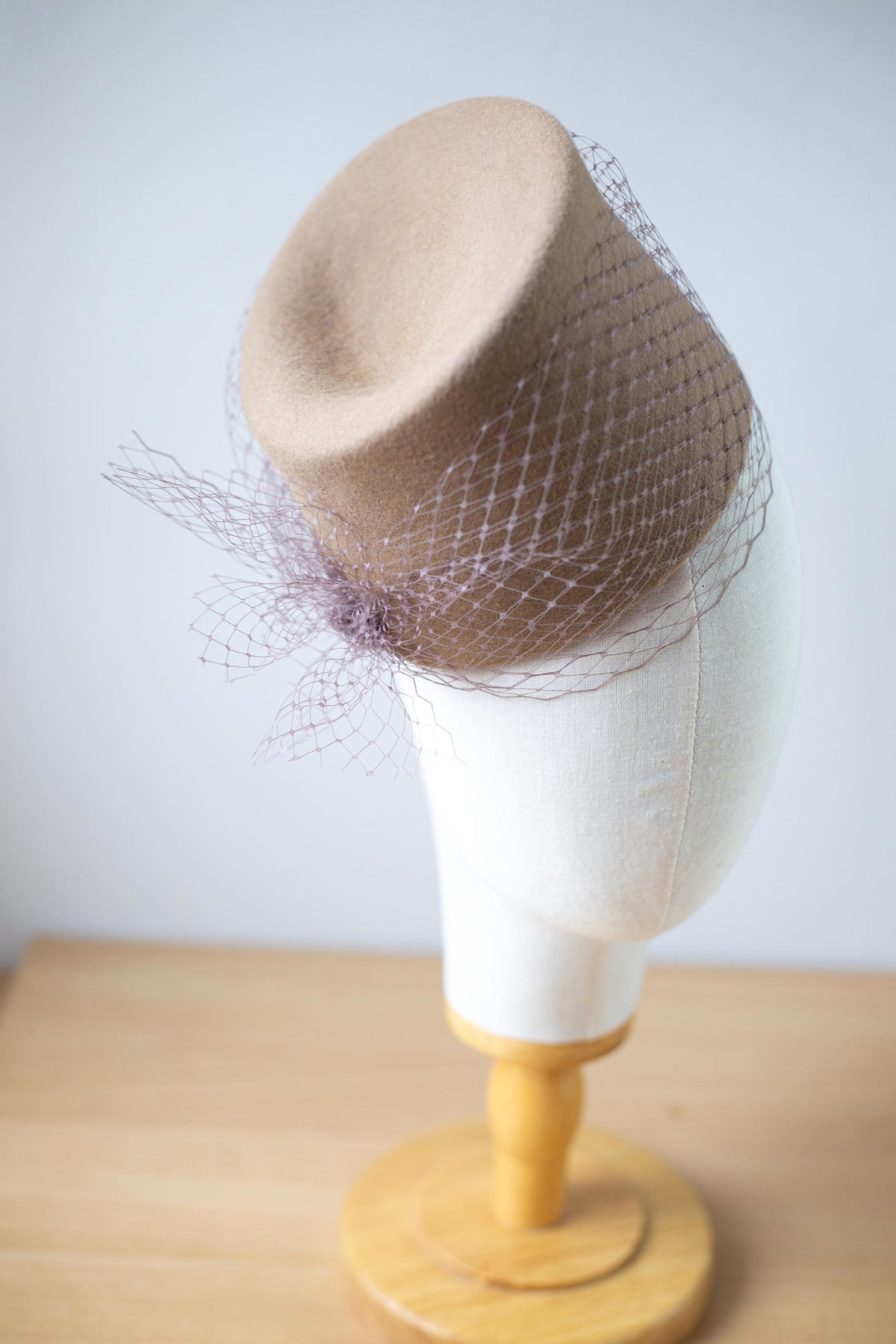 Fashion Hat with netting, Asymmetrical Toque, Dented Fez Wool Felt Hat, Couture Millinery Headpiece