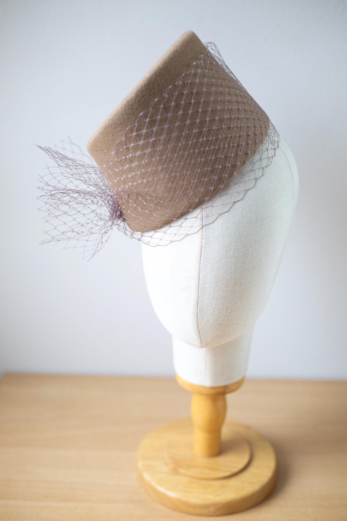 Fashion Hat with netting, Asymmetrical Toque, Dented Fez Wool Felt Hat, Couture Millinery Headpiece