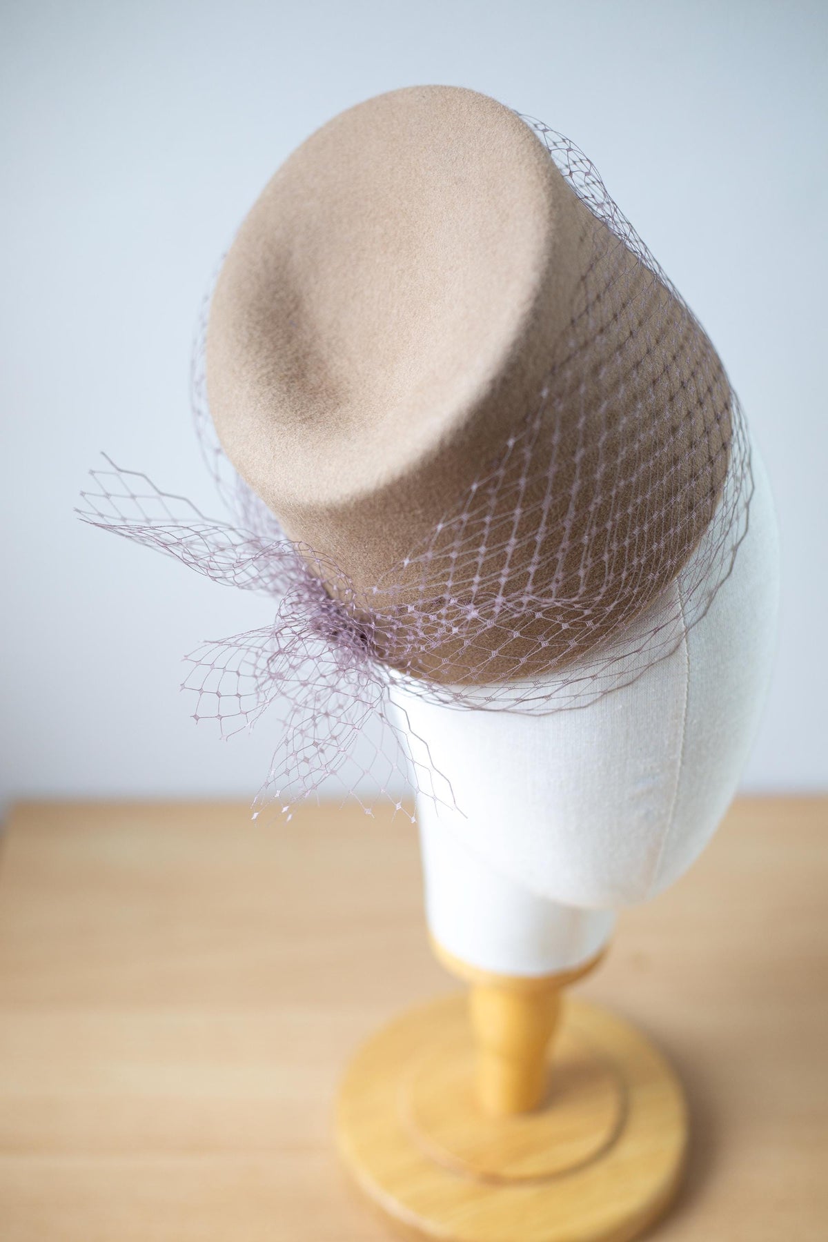 Fashion Hat with netting, Asymmetrical Toque, Dented Fez Wool Felt Hat, Couture Millinery Headpiece