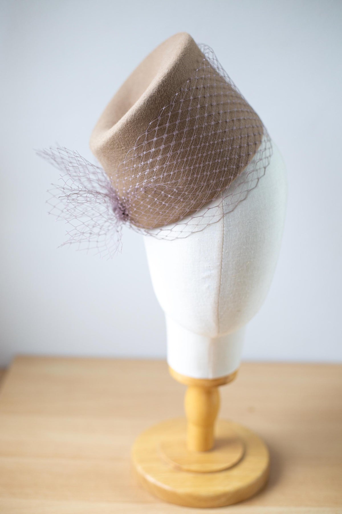 Fashion Hat with netting, Asymmetrical Toque, Dented Fez Wool Felt Hat, Couture Millinery Headpiece