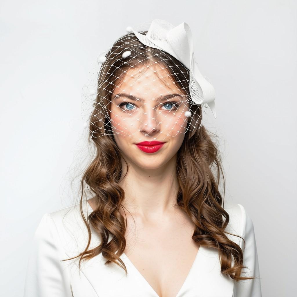 White Wedding Fascinator with Birdcage Veil, Minimalist Bow Headpiece with Netting