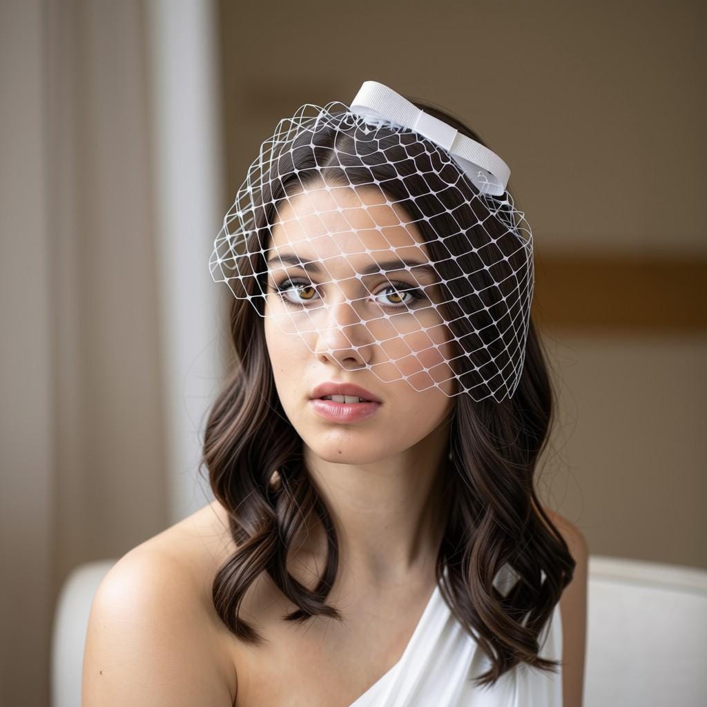 Audrey Hepburn Bridal Bow Birdcage Veil, Short Blusher Wedding Veil, Vintage Bridal Headpiece, Civil Ceremony Veil, White Ivory Blue Veil
