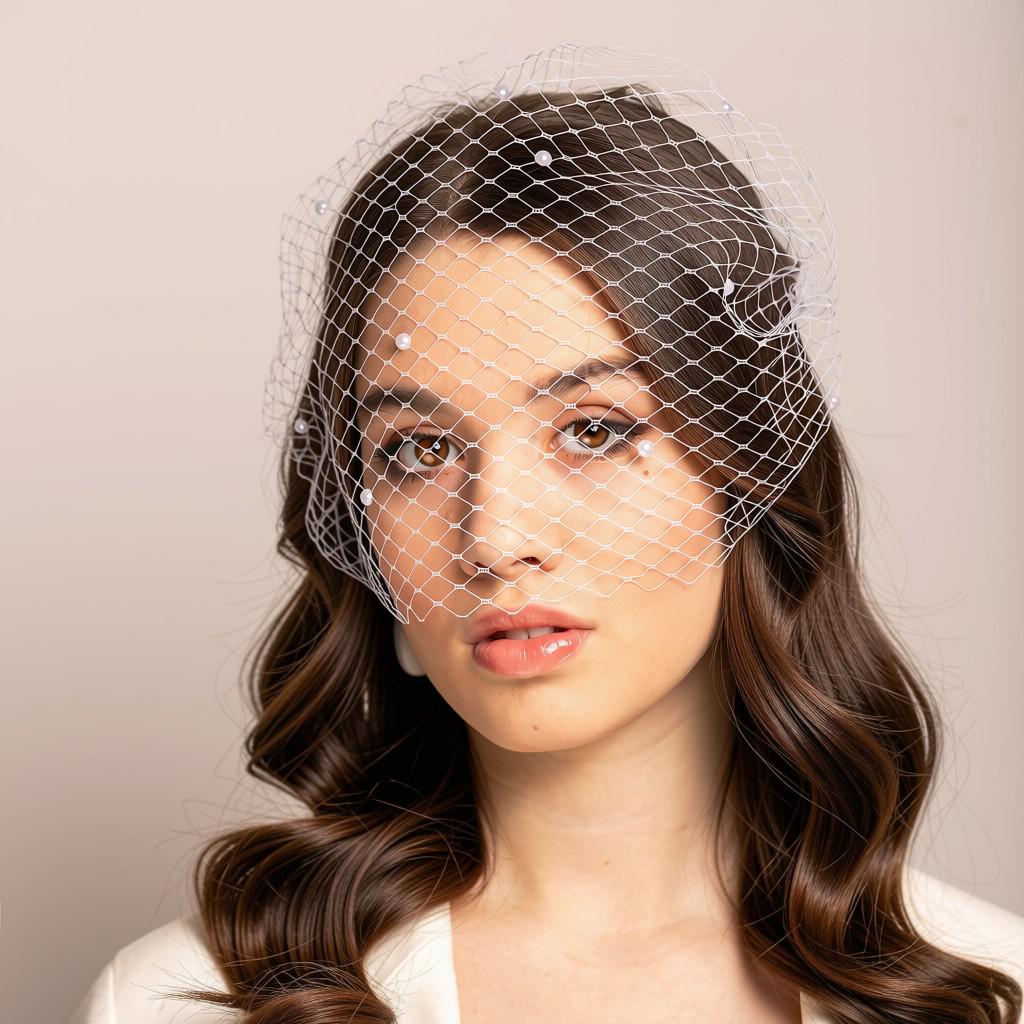 Scattered Pearls Netting Veil, Wedding Net Birdcage with Pearls for City Hall Wedding