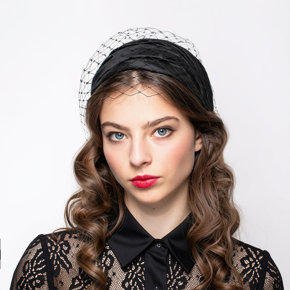 Black Silk Dupion Hat, Vintage Draped Cap with Birdcage Veil, Retro Fashion Headpiece, Elegant Black Hat
