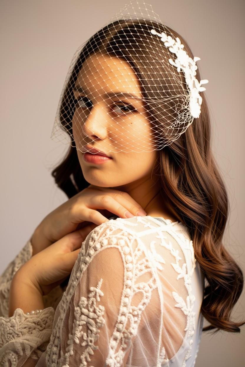 Petite Bridal Veil with Floral Lace | Bandeau Wedding Veil | Romantic Lace Veil | 2 Hair Combs | Minimalist Bridal Headpiece