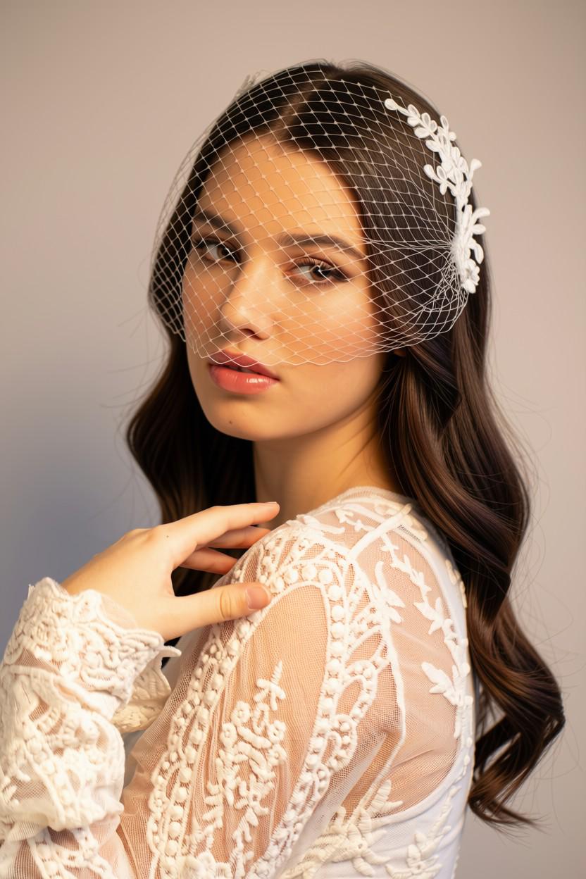 Petite Bridal Veil with Floral Lace | Bandeau Wedding Veil | Romantic Lace Veil | 2 Hair Combs | Minimalist Bridal Headpiece