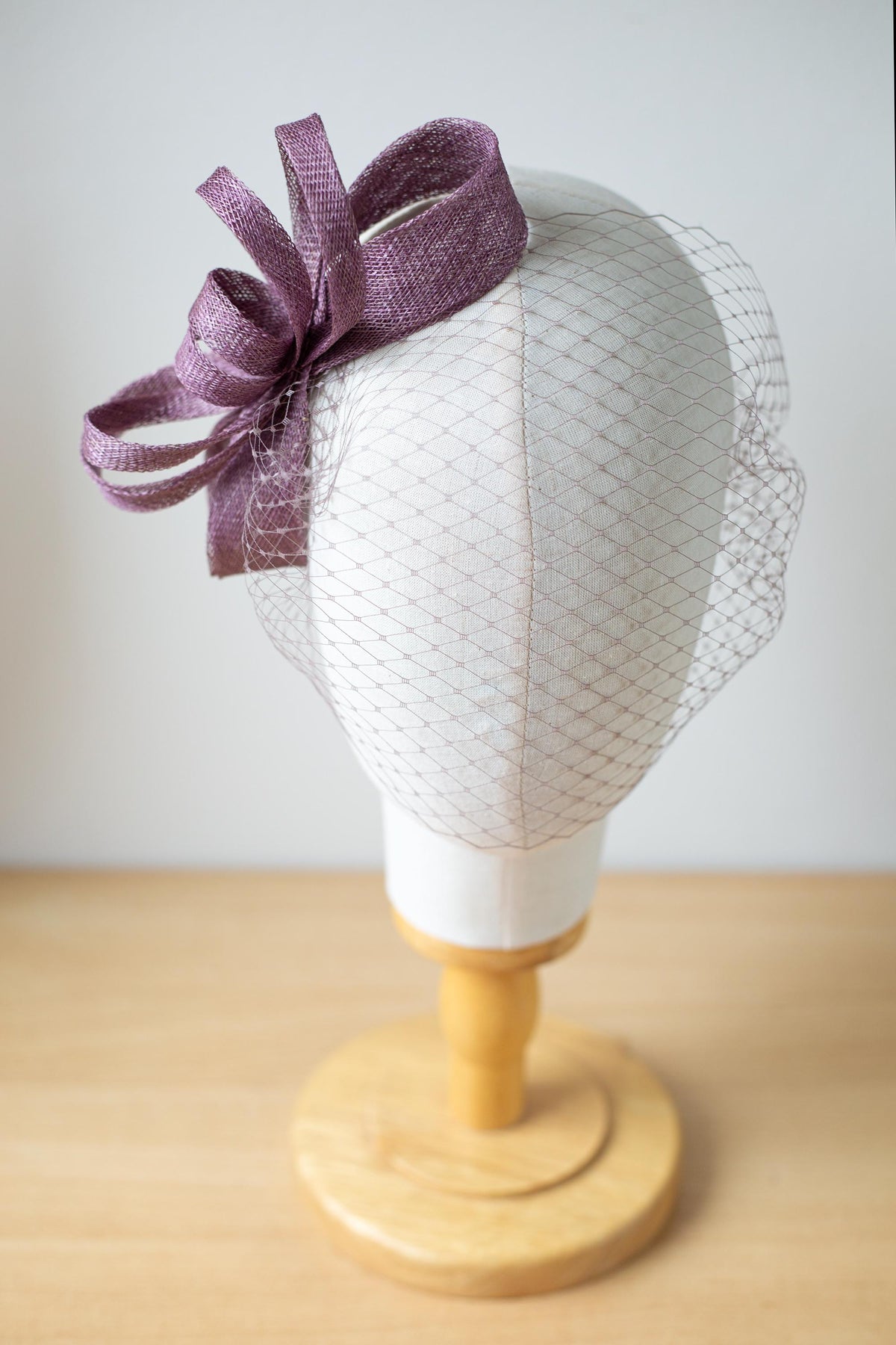 Bow Fascinator with Birdcage Veil in Mauve Taupe, Wedding Guest Hat, Mother of the Bride Headpiece