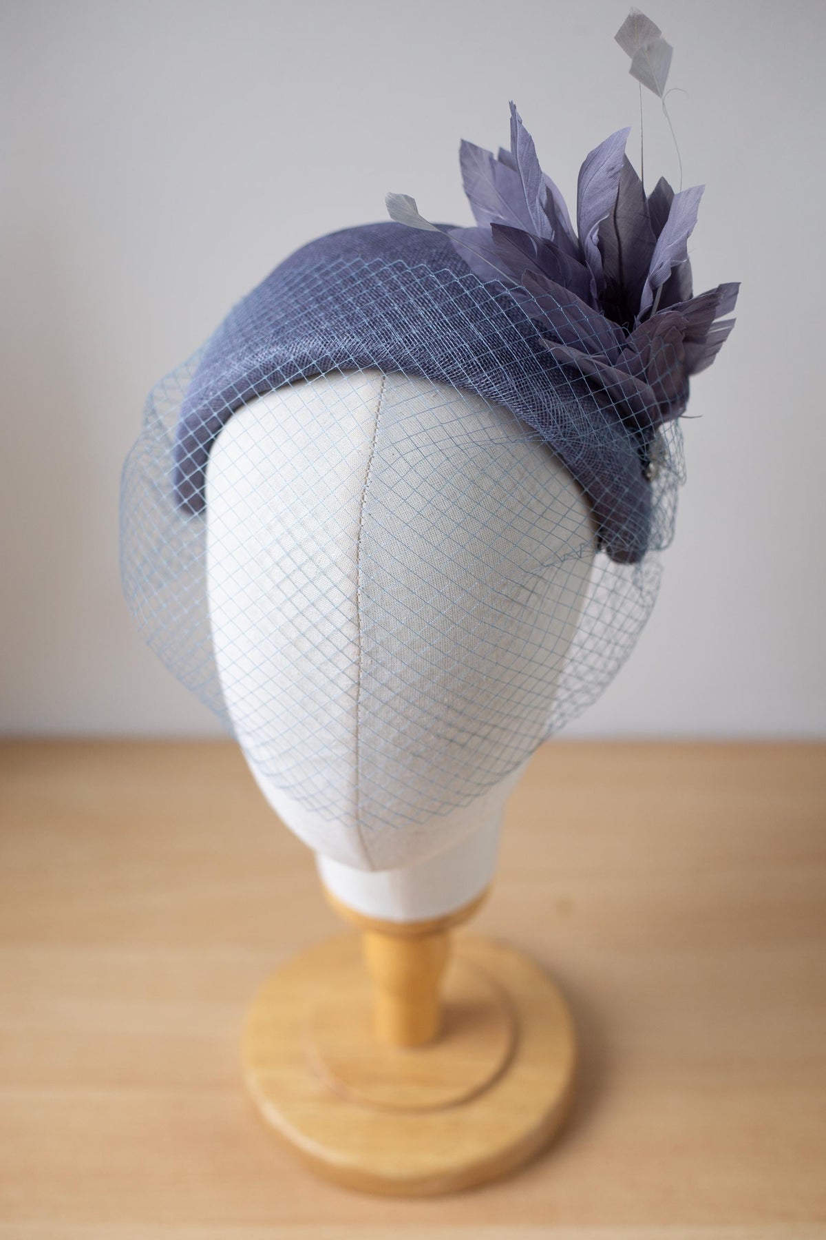 Steel Blue Moon Headband with Rare Vintage Netting Veil – Wedding Guest Wide Headpiece, Vintage Inspired Couture Fascinator