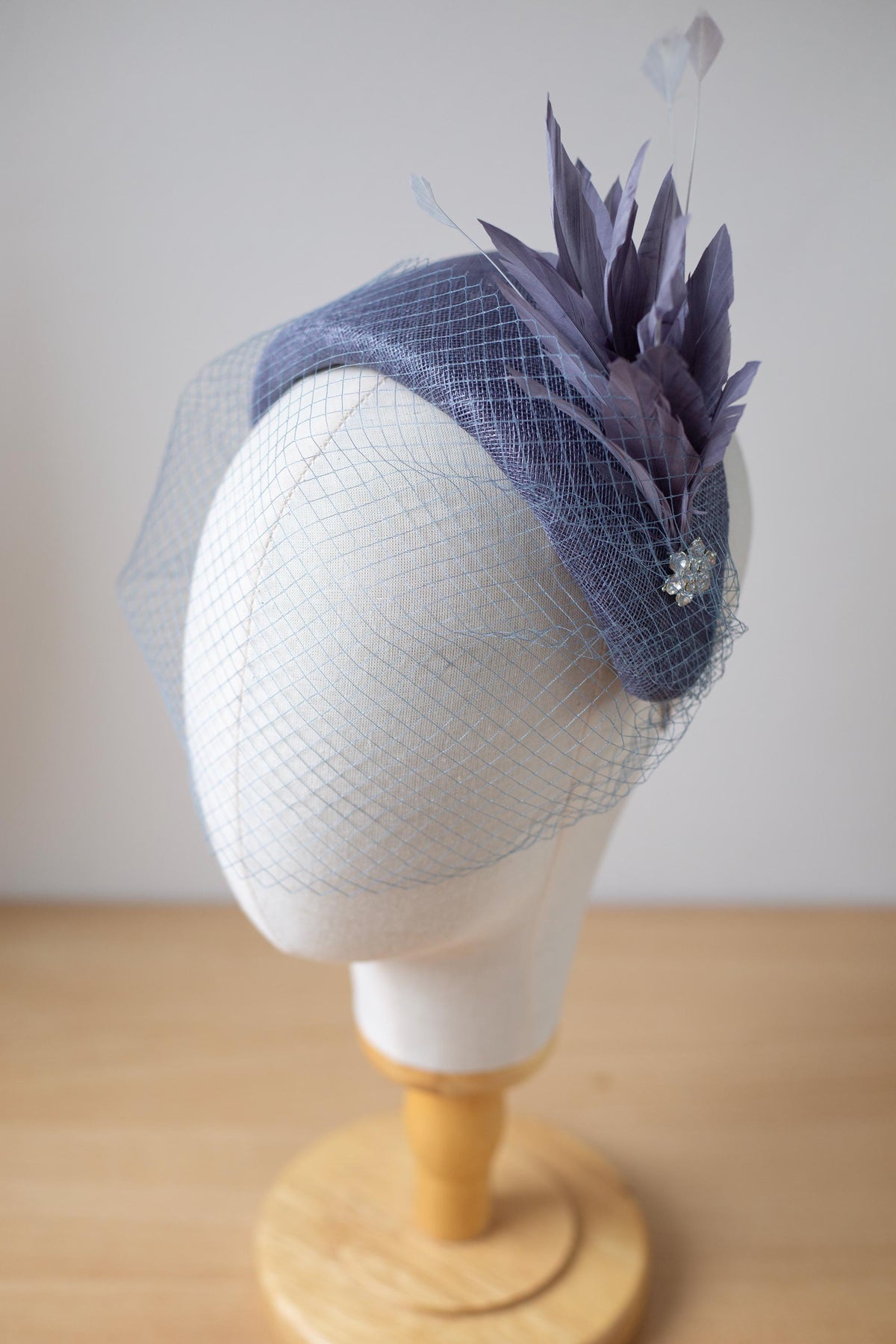 Steel Blue Moon Headband with Rare Vintage Netting Veil – Wedding Guest Wide Headpiece, Vintage Inspired Couture Fascinator
