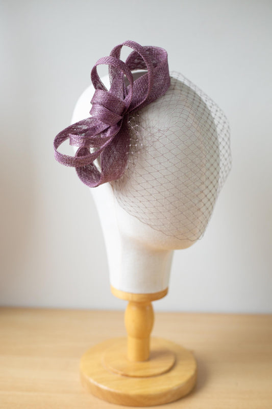 Bow Fascinator with Birdcage Veil in Mauve Taupe, Wedding Guest Hat, Mother of the Bride Headpiece