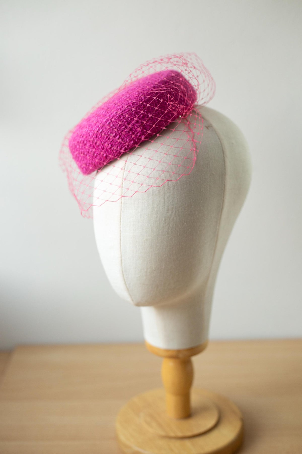Pink Tweed Pillbox Hat with Removable Birdcage Veil – Statement Winter Hat, Elegant Occasion Hat, Couture Millinery Fascinator
