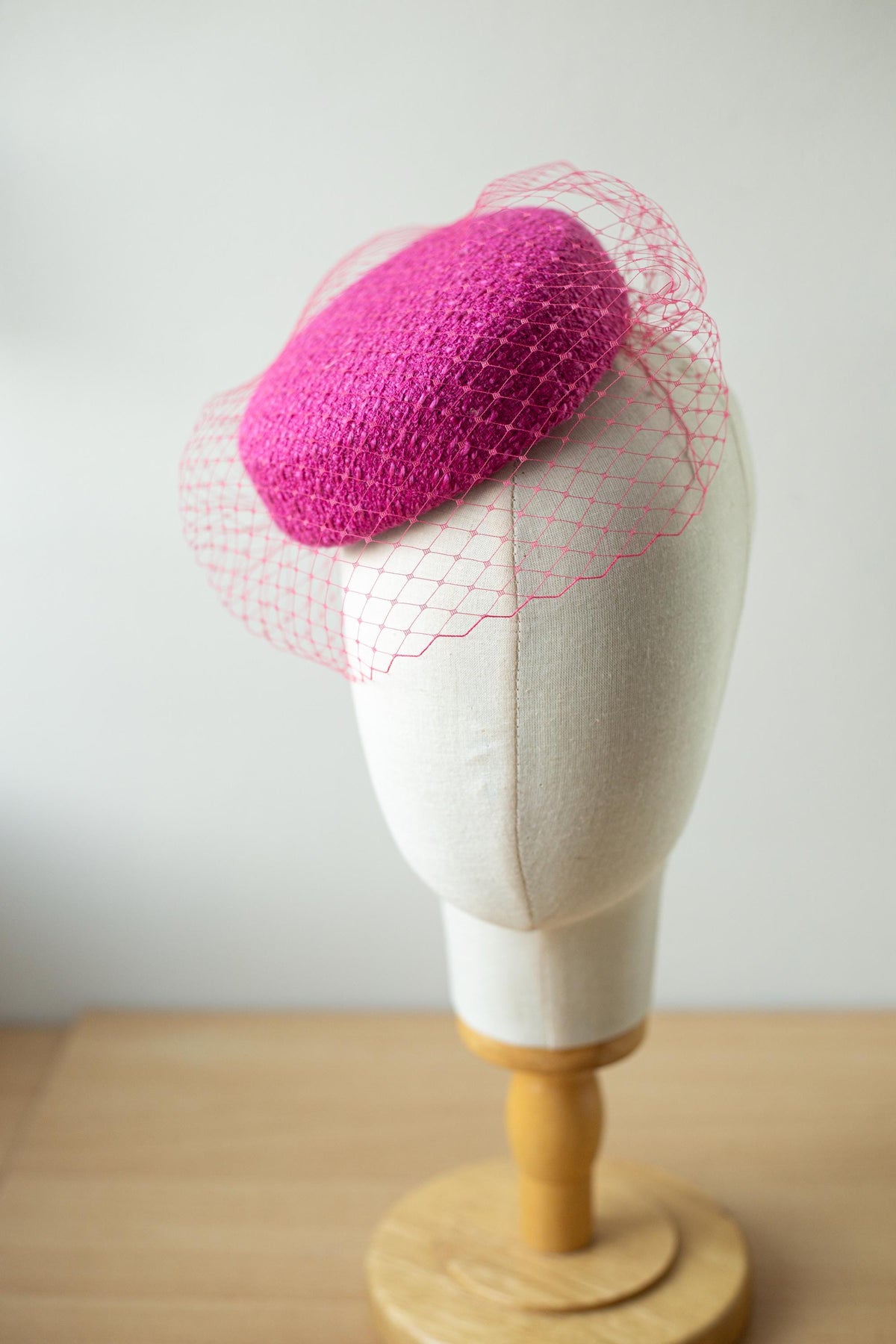 Pink Tweed Pillbox Hat with Removable Birdcage Veil – Statement Winter Hat, Elegant Occasion Hat, Couture Millinery Fascinator