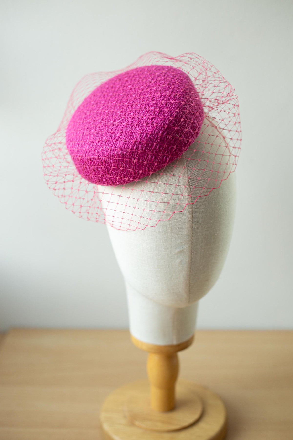Pink Tweed Pillbox Hat with Removable Birdcage Veil – Statement Winter Hat, Elegant Occasion Hat, Couture Millinery Fascinator