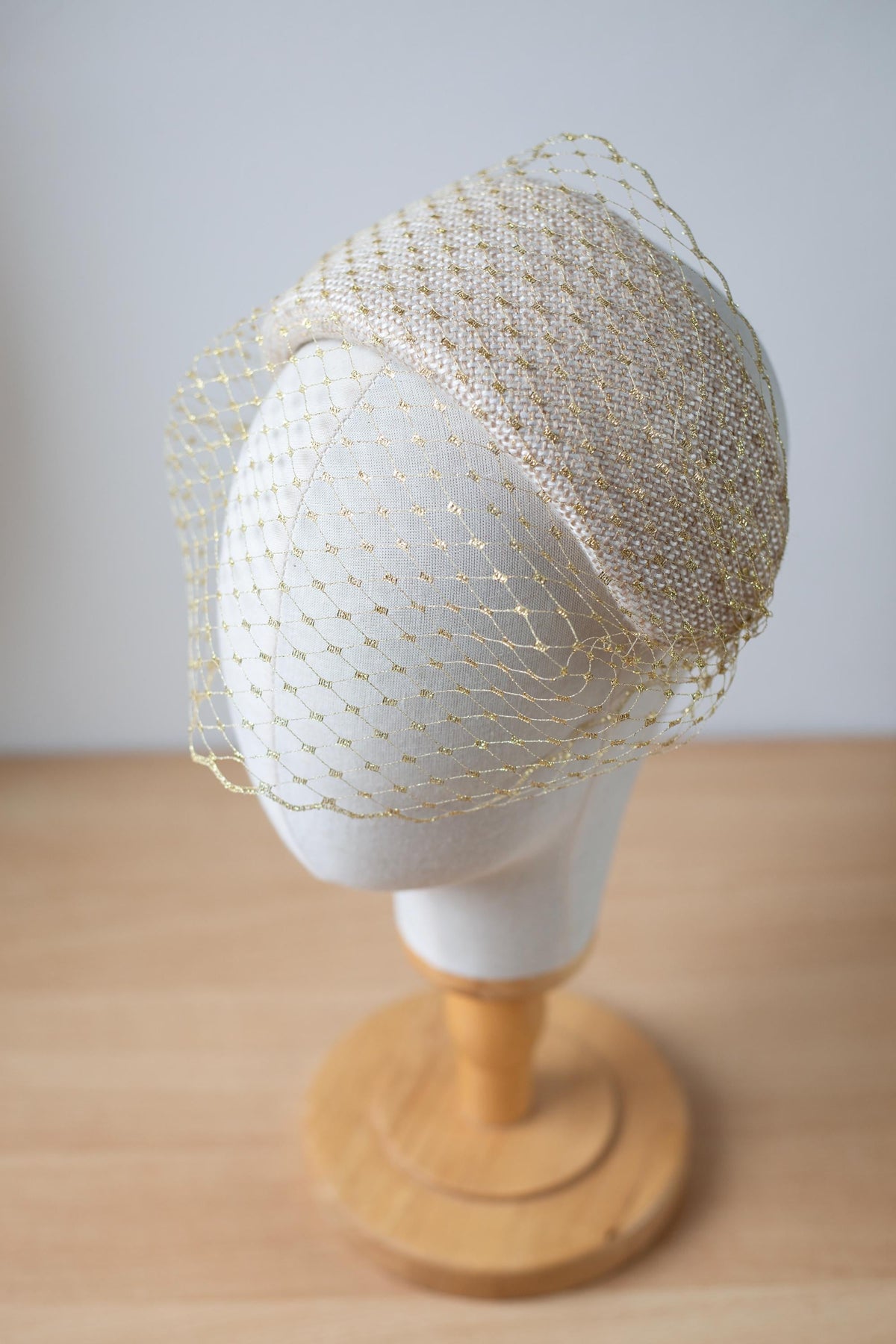 Beige Gold Tweed Halo Headband with Gold Birdcage Veil, Wedding Headpiece, Wool Bridal Fascinator, City Hall Bride, Gold Wedding Hat