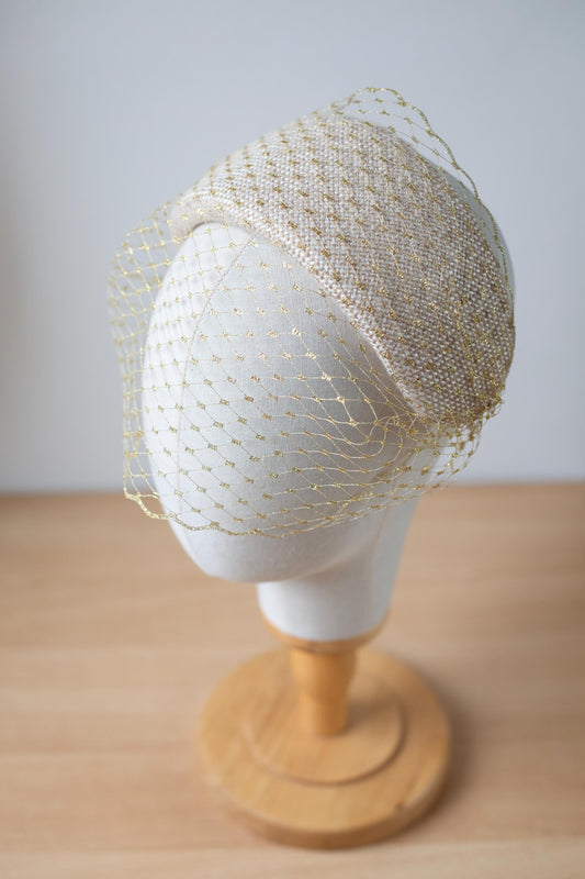 Beige Gold Tweed Halo Headband with Gold Birdcage Veil, Wedding Headpiece, Wool Bridal Fascinator, City Hall Bride, Gold Wedding Hat