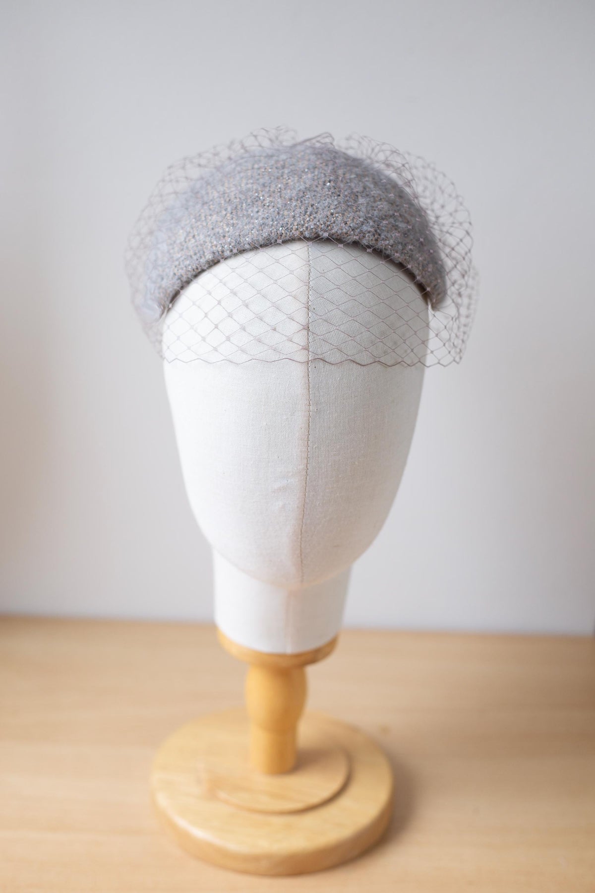 Wedding Caplet Headpiece with Woven Wool in Grey/Taupe, Veiled Taupe Tweed Hat, 1950s Half Hat Style headpiece with birdcage