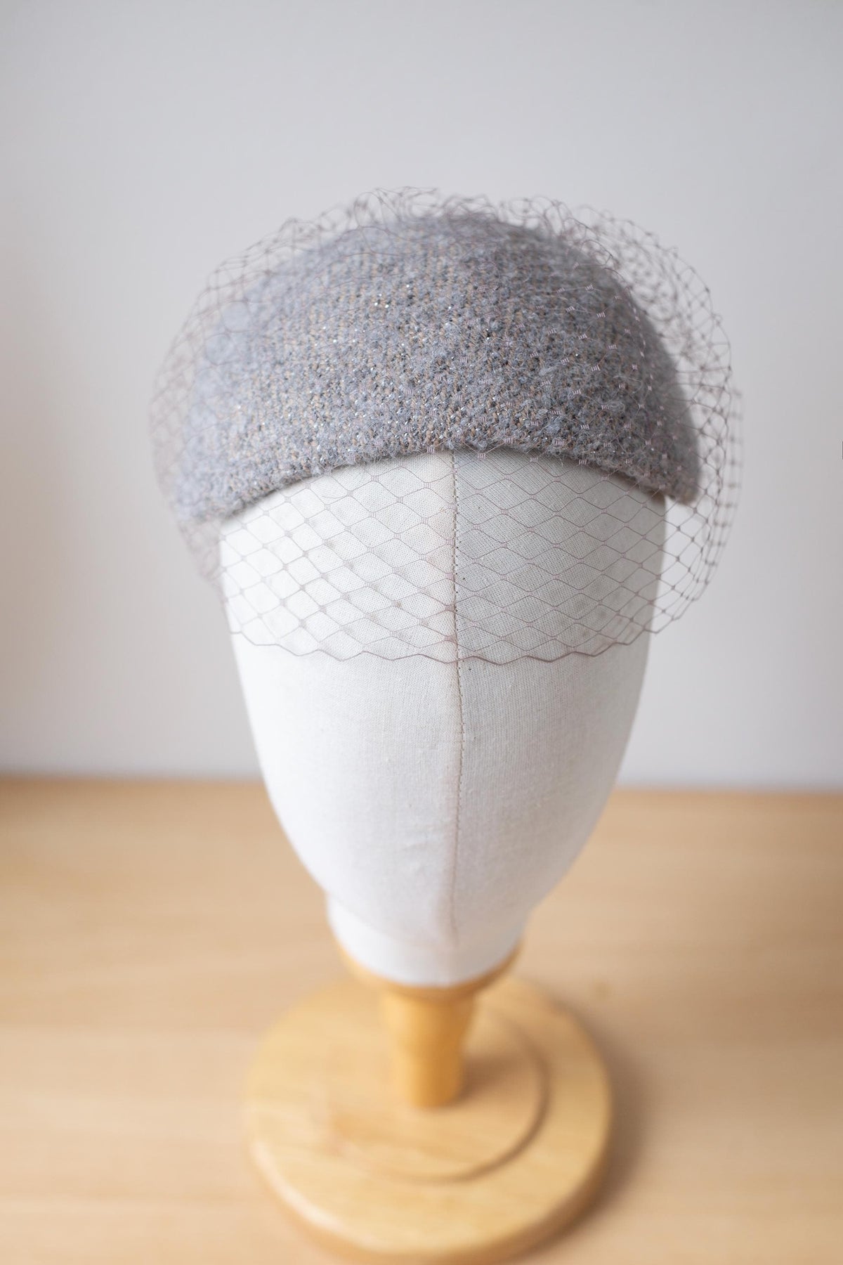 Wedding Caplet Headpiece with Woven Wool in Grey/Taupe, Veiled Taupe Tweed Hat, 1950s Half Hat Style headpiece with birdcage