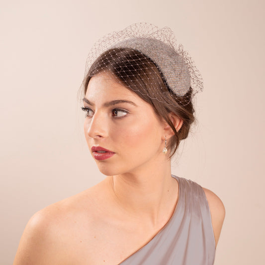 Wedding Caplet Headpiece with Woven Wool in Grey/Taupe, Veiled Taupe Tweed Hat, 1950s Half Hat Style headpiece with birdcage