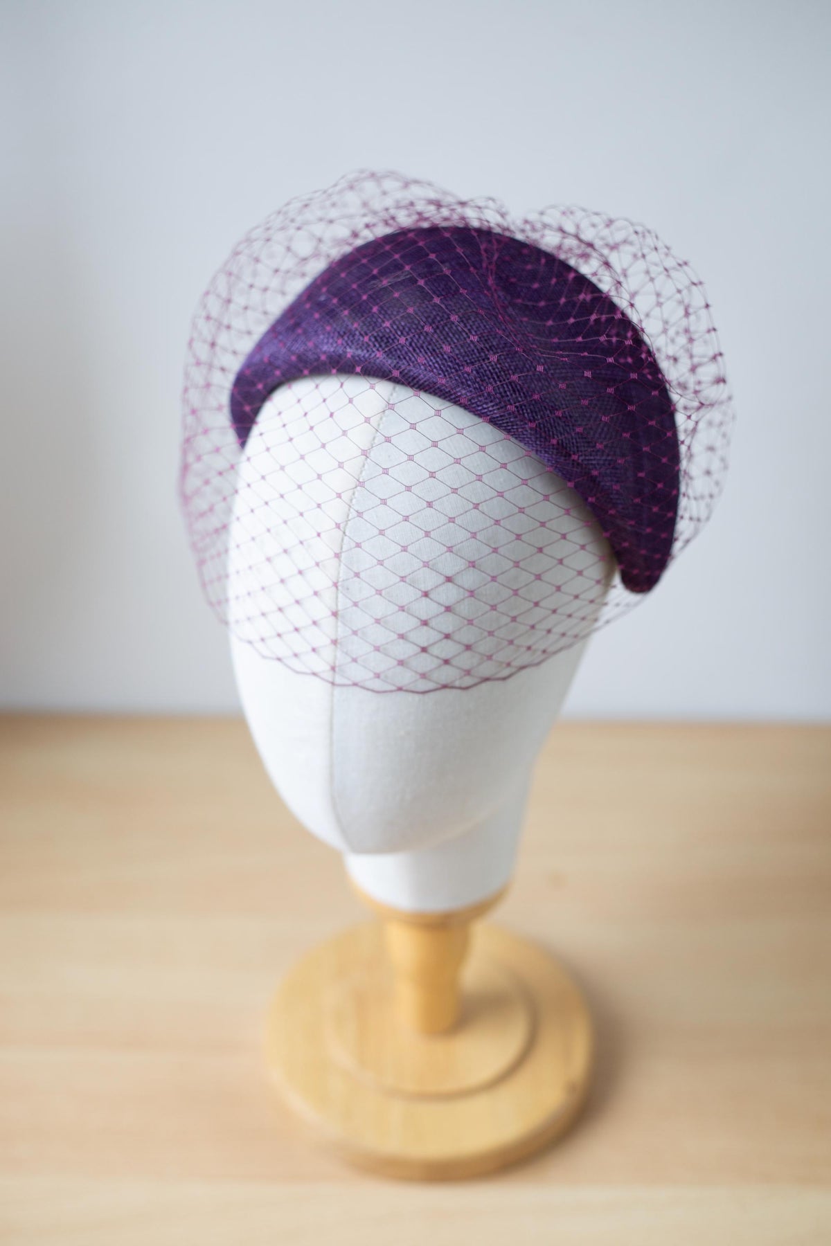 Aubergine Moon Headband with Birdcage Veil – Wedding Guest Crescent Headpiece, Couture Millinery Fascinator, Vintage Inspired Headpiece