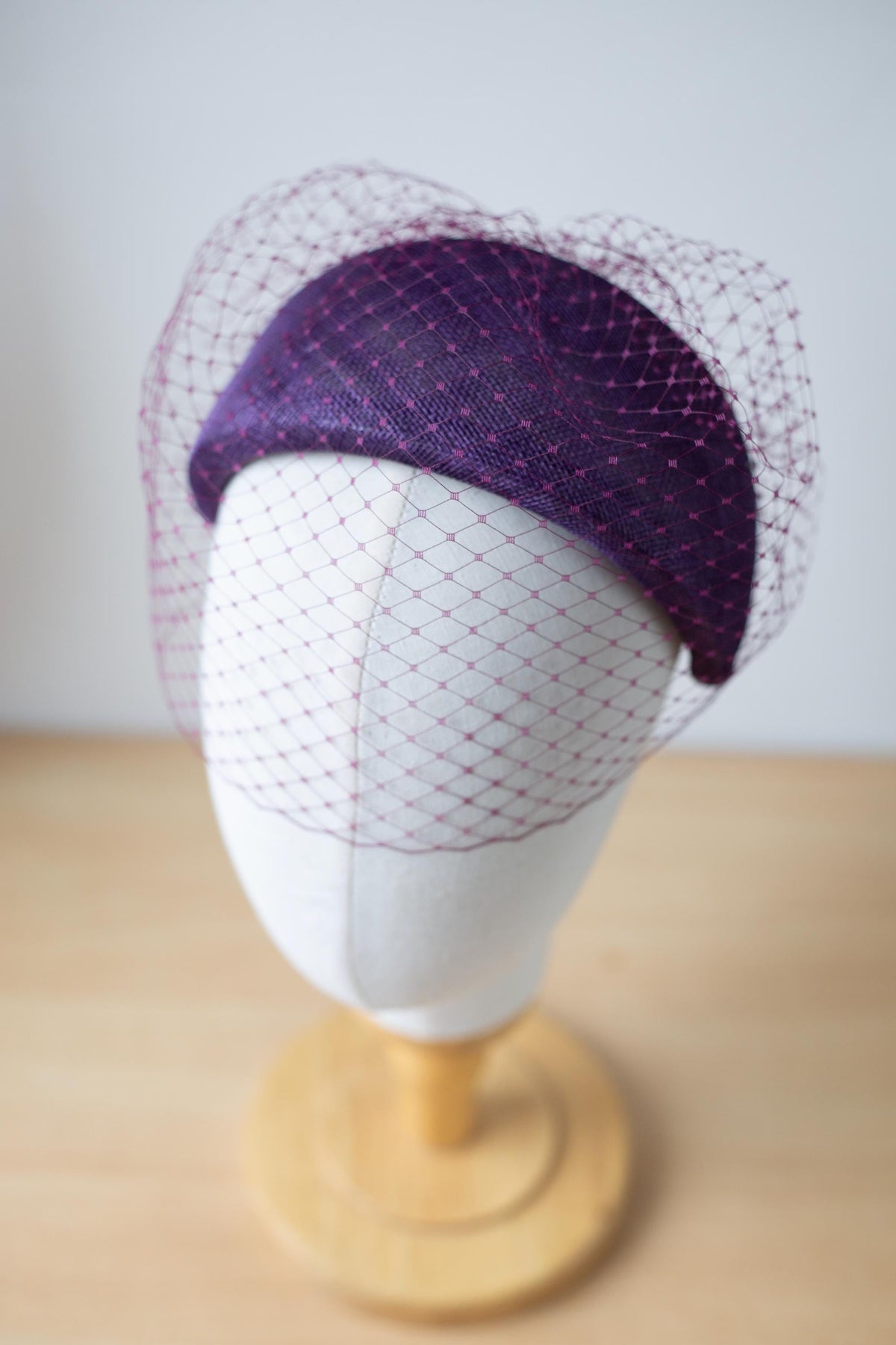 Aubergine Moon Headband with Birdcage Veil – Wedding Guest Crescent Headpiece, Couture Millinery Fascinator, Vintage Inspired Headpiece