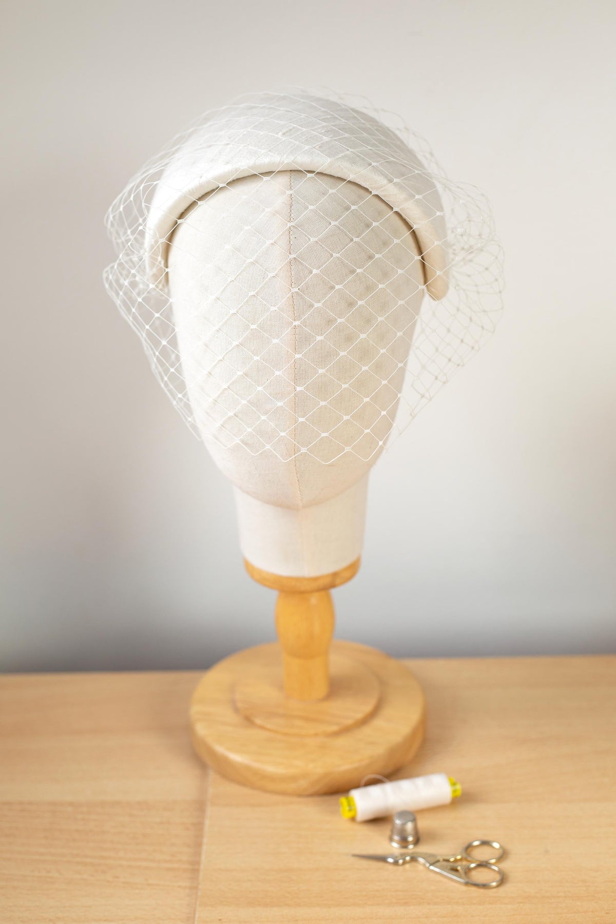 Grace Kelly Bridal Half Hat, Silk Dupion Headband with Removable Birdcage Veil, Vintage Inspired Civil Ceremony Veil, Couture Headpiece