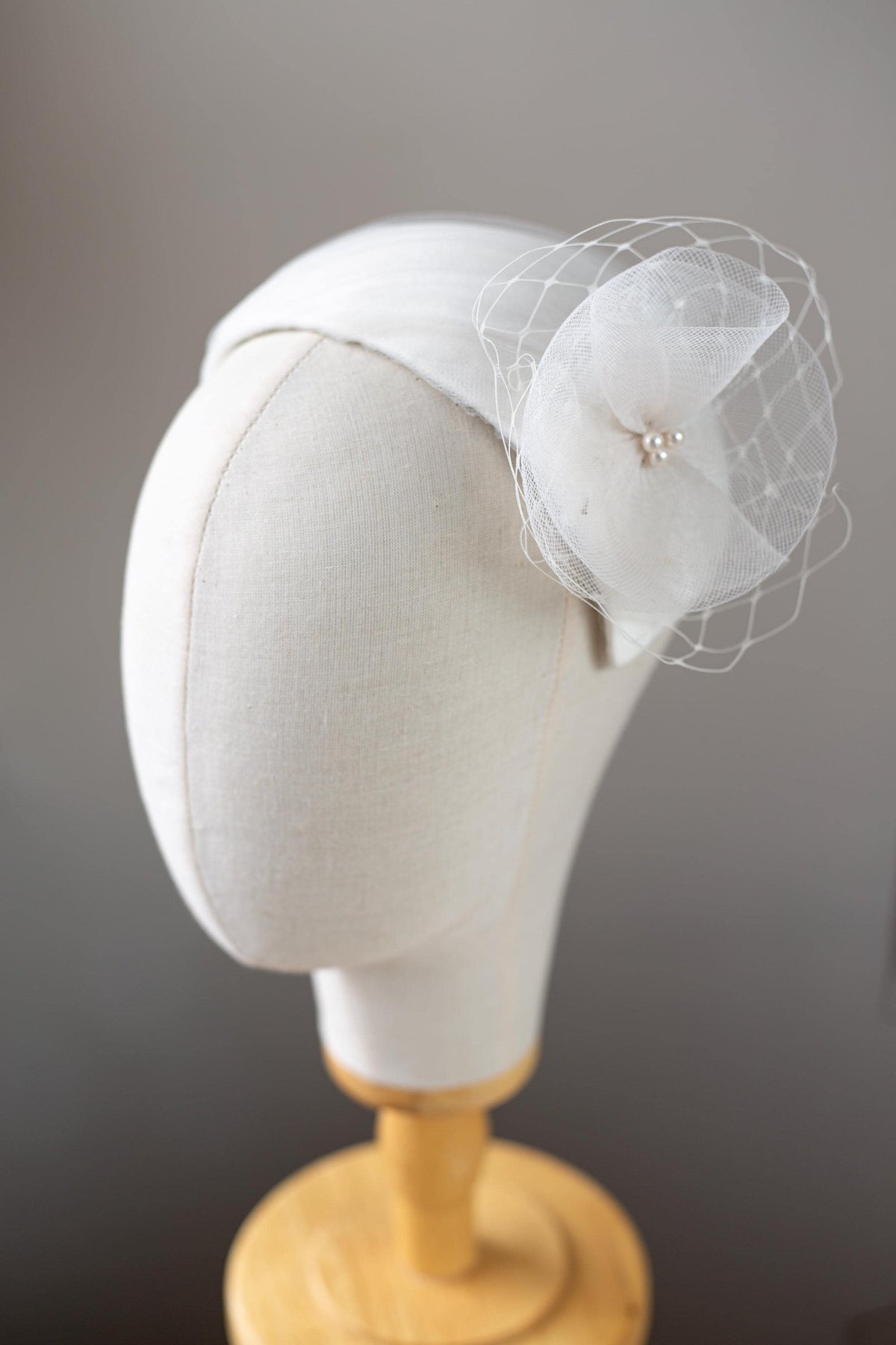 Vintage Bridal Half Hat Ivory Tulle, Wedding Cap and Crin Flower Swarovski Pearl, Grace Kelly Inspired Headpiece