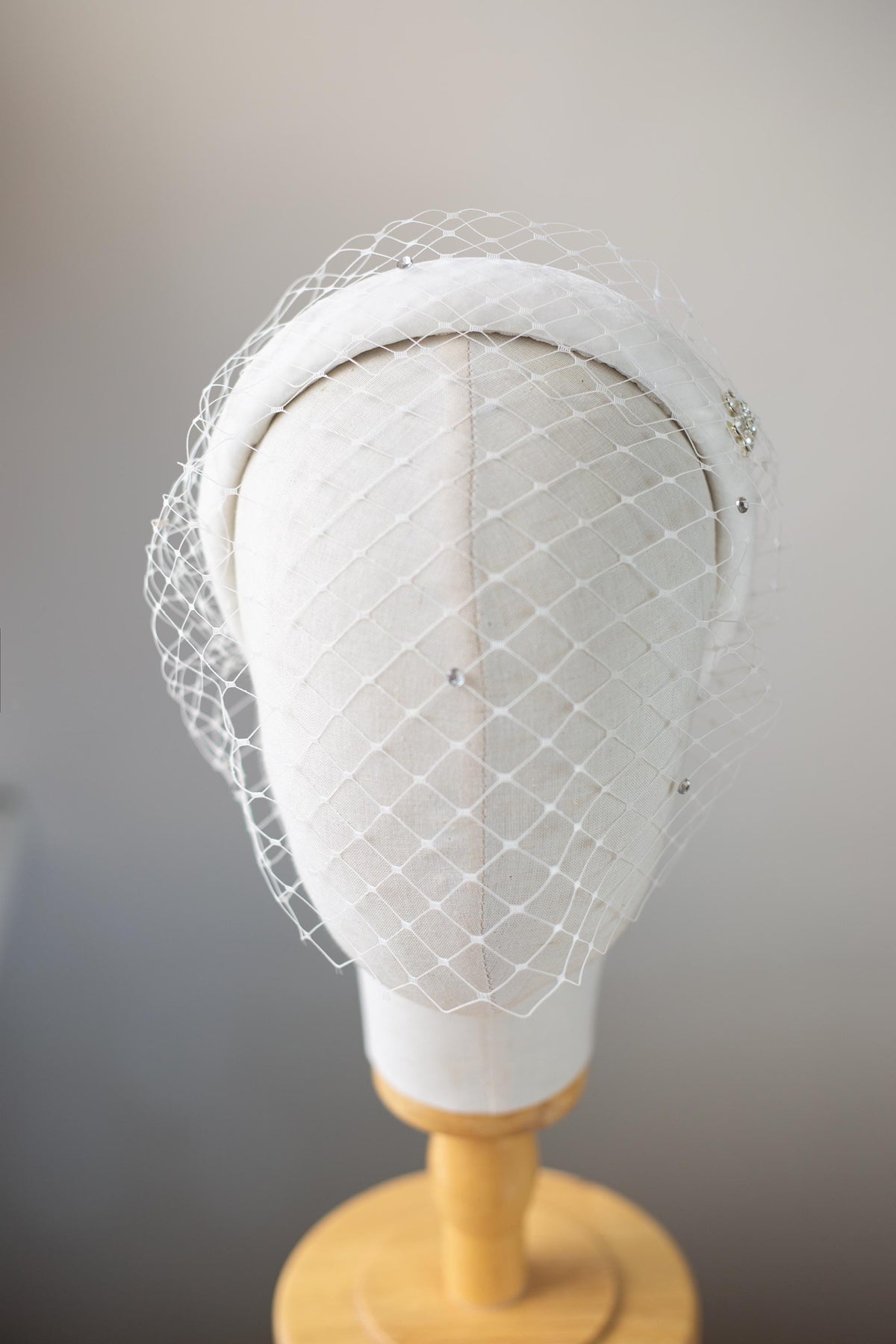 Winter Bridal Headband in Silk Velvet, Ivory Birdcage Veil with Scattered Rhinestones, Snowfall Rhinestone Brooch, Winter Wedding Fascinator