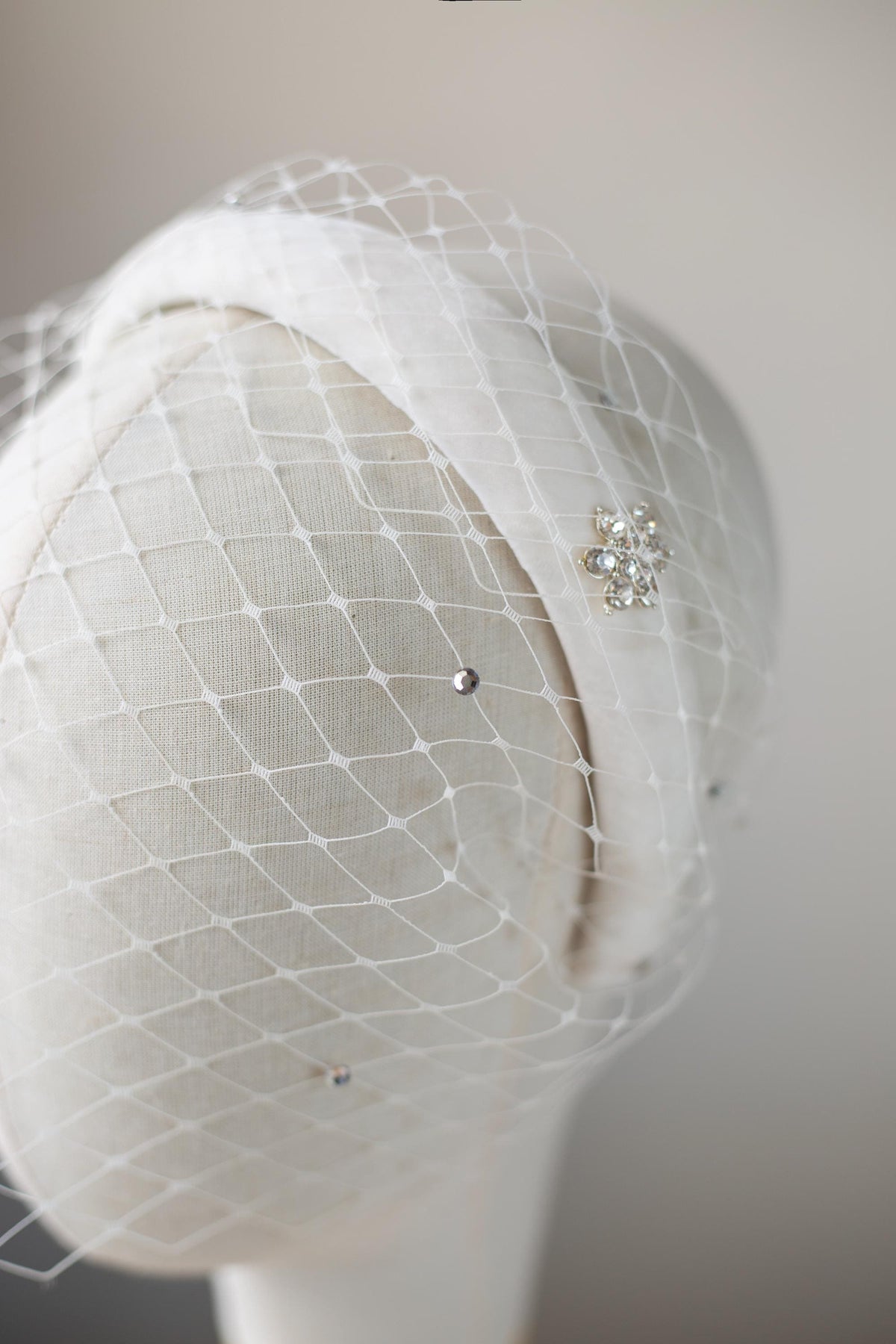 Winter Bridal Headband in Silk Velvet, Ivory Birdcage Veil with Scattered Rhinestones, Snowfall Rhinestone Brooch, Winter Wedding Fascinator