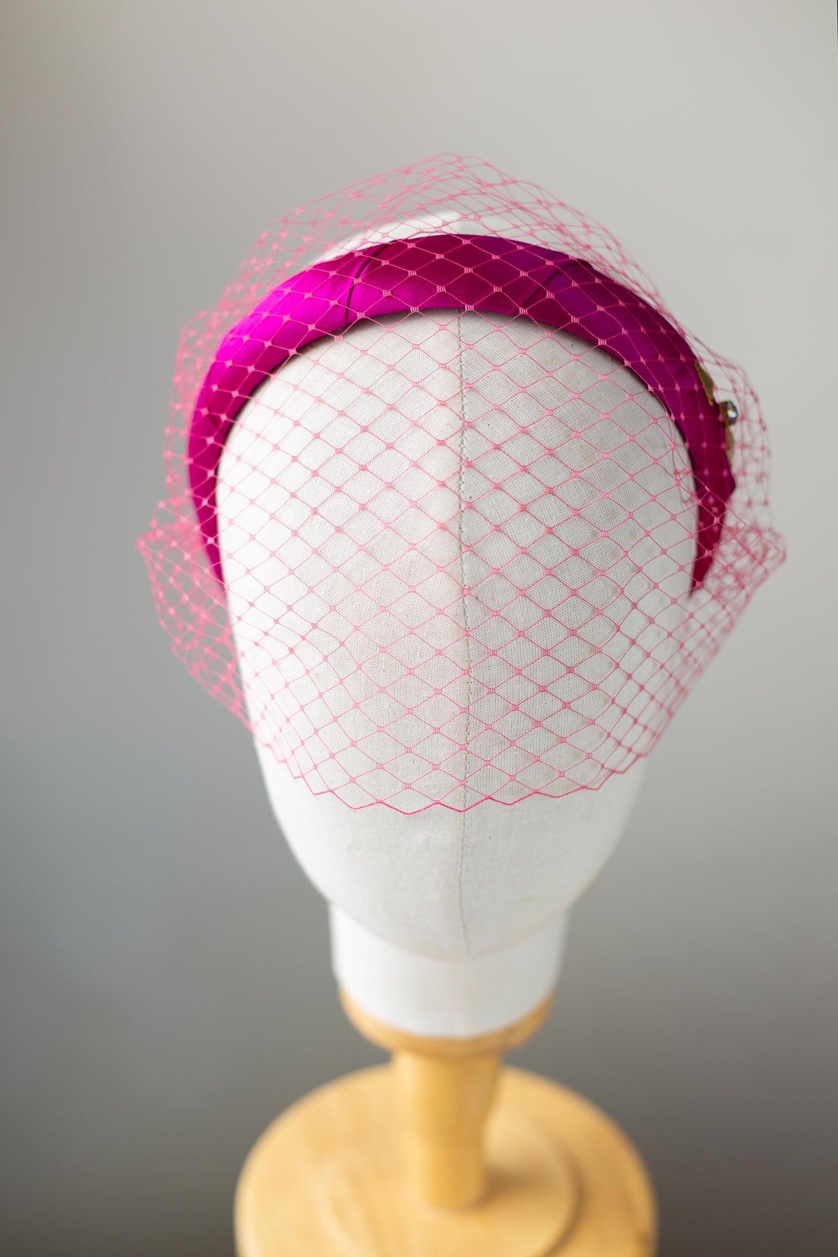 Elegant Wedding guest Headpiece in fuchsia Silk Satin with Birdcage, Wedding Satin Headband and Veil, Formal Event veiled Fascinator