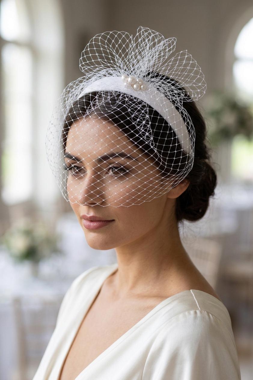 White Birdcage Veil on Wide Velvet Headband with Swarovski Pearls – Modern Bridal Headpiece – Short Wedding Veil – Luxury Bride Accessory