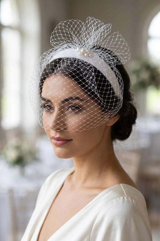 White Birdcage Veil on Wide Velvet Headband with Swarovski Pearls – Modern Bridal Headpiece – Short Wedding Veil – Luxury Bride Accessory