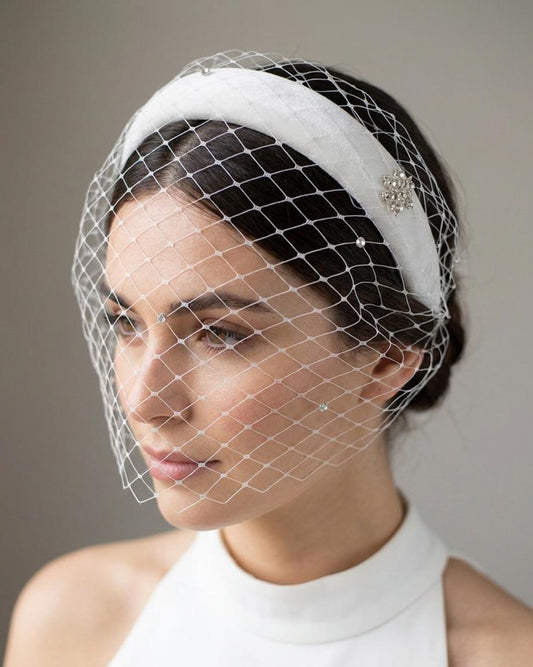 Winter Bridal Headband in Silk Velvet, Ivory Birdcage Veil with Scattered Rhinestones, Snowfall Rhinestone Brooch, Winter Wedding Fascinator