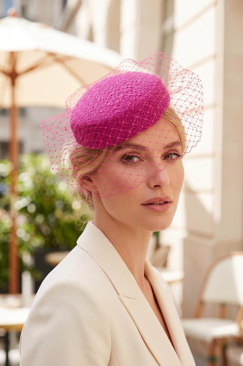 Pink Tweed Pillbox Hat with Removable Birdcage Veil – Statement Winter Hat, Elegant Occasion Hat, Couture Millinery Fascinator