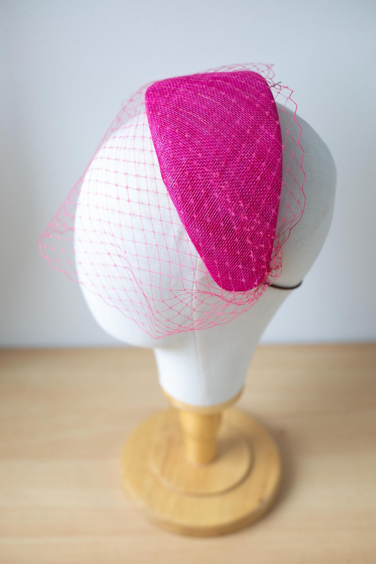 Pink Moon Headband with Birdcage Veil – Pink Wedding Guest Headpiece, Couture Millinery Fascinator, Vintage Inspired Headband