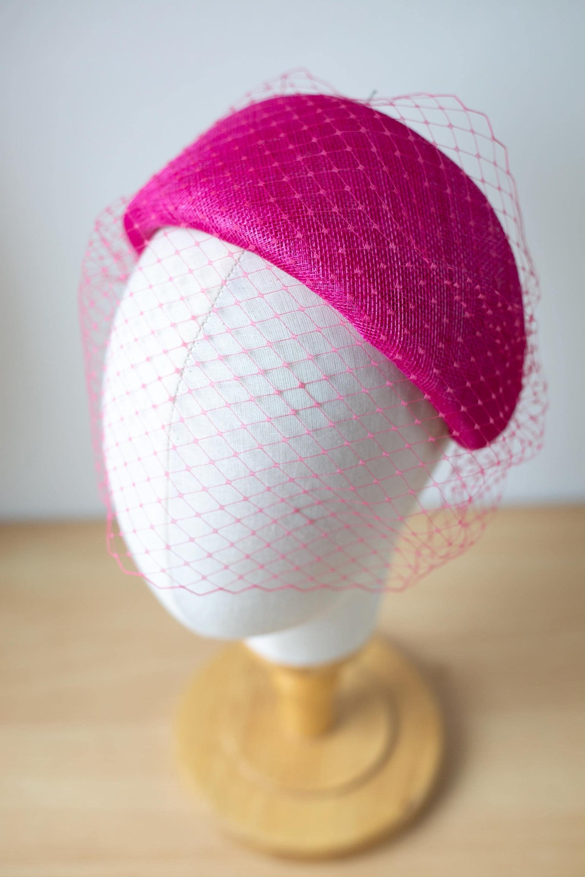 Pink Moon Headband with Birdcage Veil – Pink Wedding Guest Headpiece, Couture Millinery Fascinator, Vintage Inspired Headband