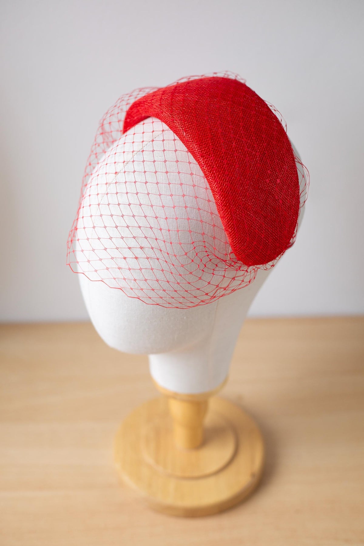 Poppy Red Halo Headband with Birdcage Veil, Couture Millinery Statement Hat for Wedding Guest, Mother of the Bride Red Cocktail Headpiece