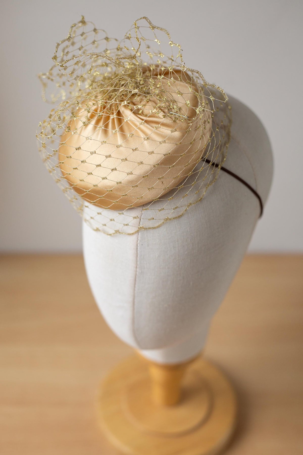 Bridal Silk Satin Pillbox with Gold Birdcage Veil – Quiet Luxury Hat for the Modern Bride