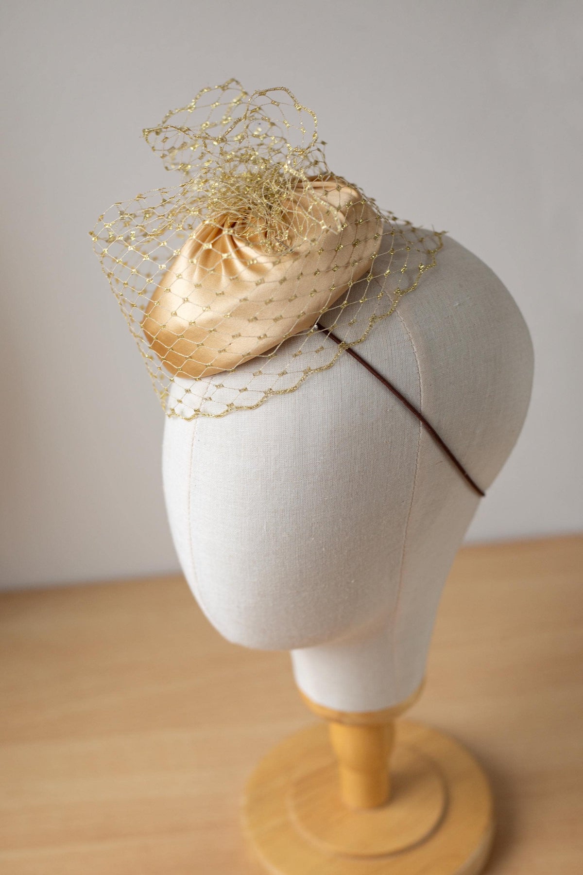 Bridal Silk Satin Pillbox with Gold Birdcage Veil – Quiet Luxury Hat for the Modern Bride