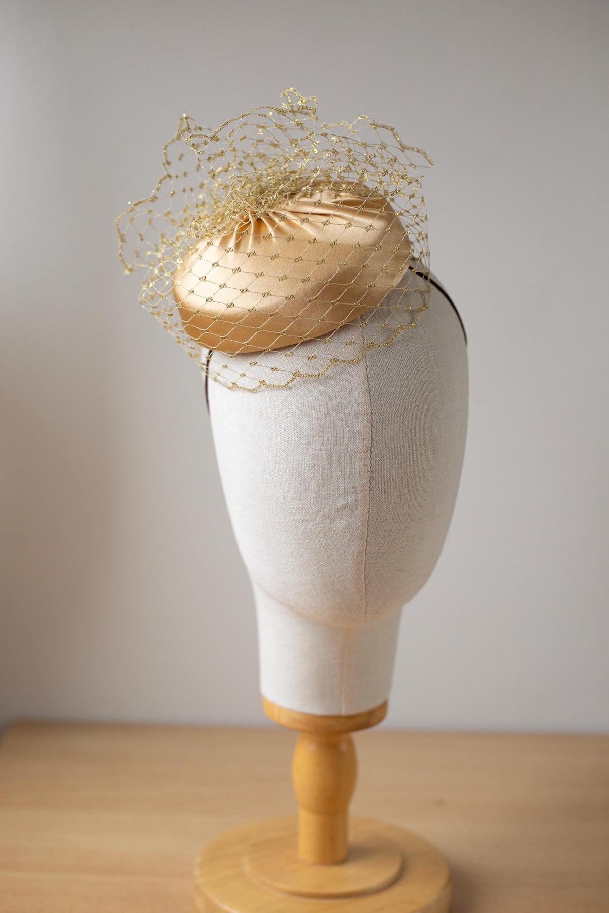 Bridal Silk Satin Pillbox with Gold Birdcage Veil – Quiet Luxury Hat for the Modern Bride
