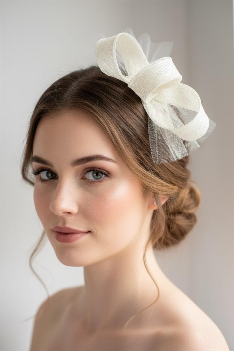 Ivory Wedding Headpiece – Minimalist Bridal Fascinator with Soft Tulle for City Hall Bride