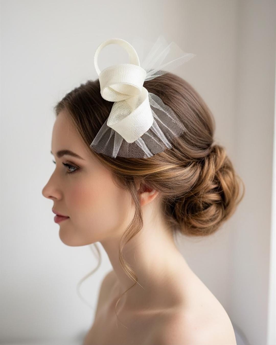 Ivory Wedding Headpiece – Minimalist Bridal Fascinator with Soft Tulle for City Hall Bride