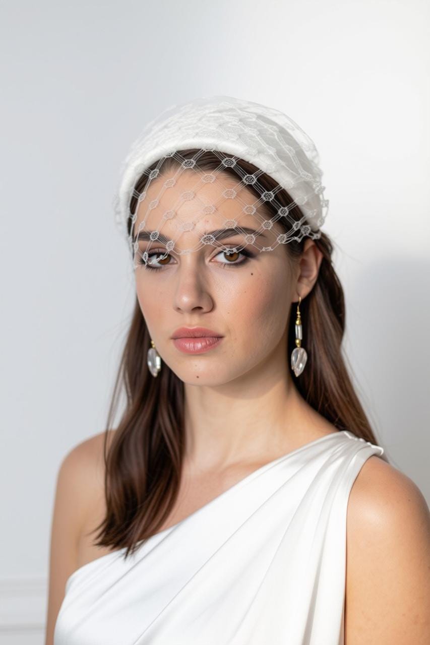 Bridal wide Headband in silk satin with Vintage Birdcage Veil, Grace Kelly Style Half Hat with removable netting, millinery headband