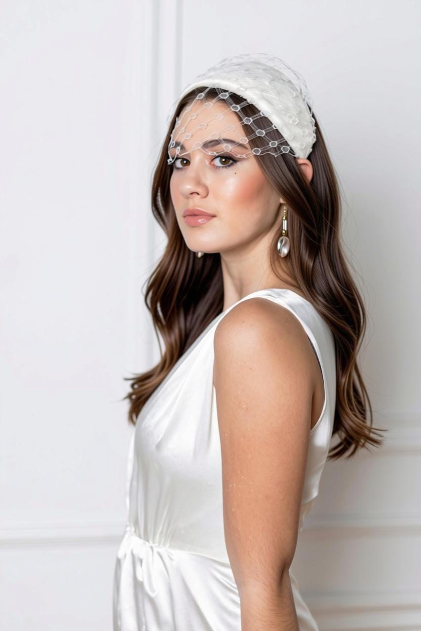 Bridal wide Headband in silk satin with Vintage Birdcage Veil, Grace Kelly Style Half Hat with removable netting, millinery headband